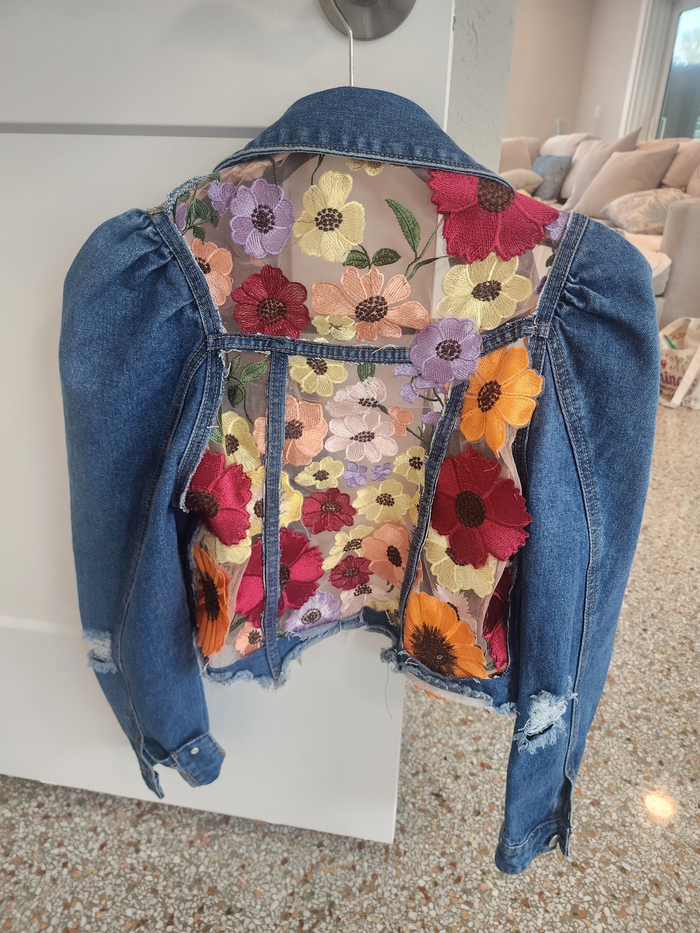 Floral Embroidered Sheer-Back Denim Jacket - Multicolor - Picture 7 of 9